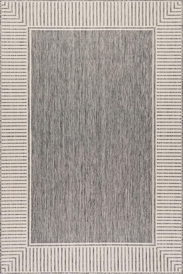 nuLOOM 6' 7" x 9' Outdoor Area Rug, Casual Design with Striped Border, Stain Resistant, Highly Durable, for Patio, Balcony, Bedroom, Living Room, Dining Room, Bathroom, Steel