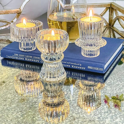 Kate Aspen Vintage Ribbed Glass Black Candlestick Holders, Pillar Candle, Tealight & Votive Candle Holders (Set of 6, 3 Assorted Sizes), Dining Table Decor, Shelf Decor, Centerpiece