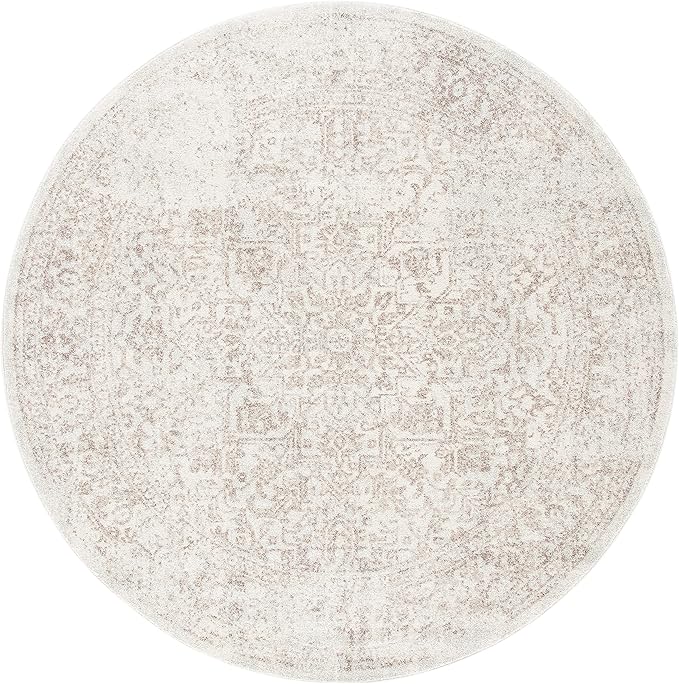 SAFAVIEH Evoke Collection Area Rug - 9' Round, Ivory & Taupe, Distressed Design, Non-Shedding & Easy to Clean, Ideal for Living Room, Bedroom, Dining Space (EVK256E)