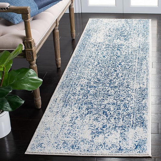 SAFAVIEH Evoke Collection Runner Rug - 2'2" x 7', Ivory & Navy, Distressed Design, Non-Shedding & Easy to Clean, Ideal for Foyer, Bedroom, Kitchen, Hallway (EVK256N)