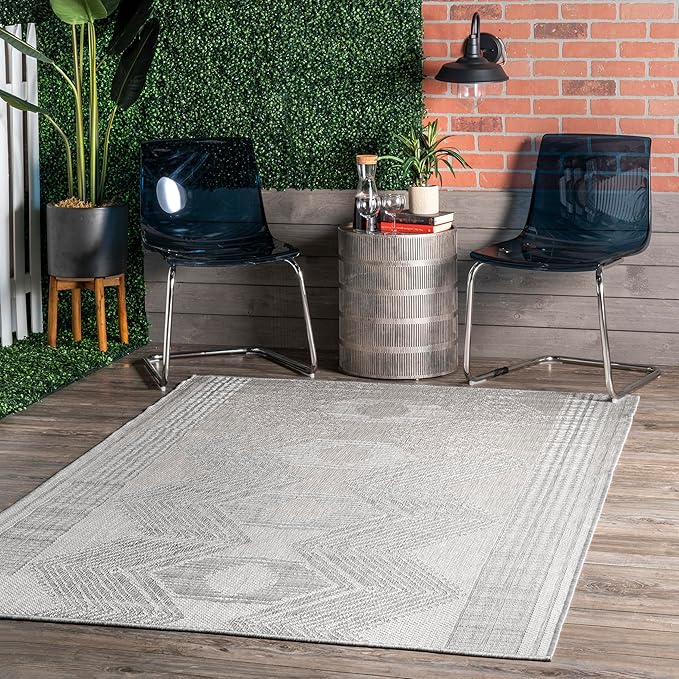 nuLOOM 7' Square Outdoor Tribal Geometric Area Rug, Stain Resistant, Weather Resistant, High Traffic, Patio, Balcony, Outside, Ranya Light Grey