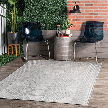 nuLOOM 7' Square Outdoor Tribal Geometric Area Rug, Stain Resistant, Weather Resistant, High Traffic, Patio, Balcony, Outside, Ranya Light Grey