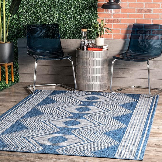 nuLOOM 9'6" x 12' Outdoor Tribal Geometric Area Rug, Stain Resistant, Weather Resistant, High Traffic, Patio, Balcony, Outside, Ranya Blue