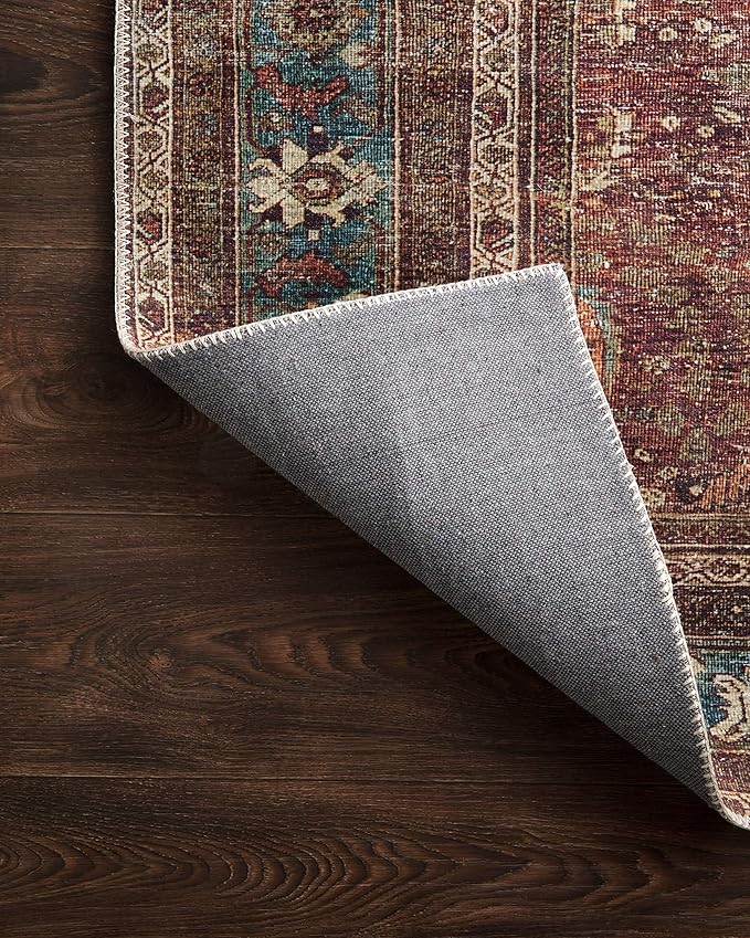 Loloi Layla Collection LAY-01 Brick/Blue 9'-0" x 12'-0" .13" Thick Area Rug, Soft, Durable, Vintage Inspired, Distressed, Low Pile, Non-Shedding, Easy Clean, Printed, Living Room Rug