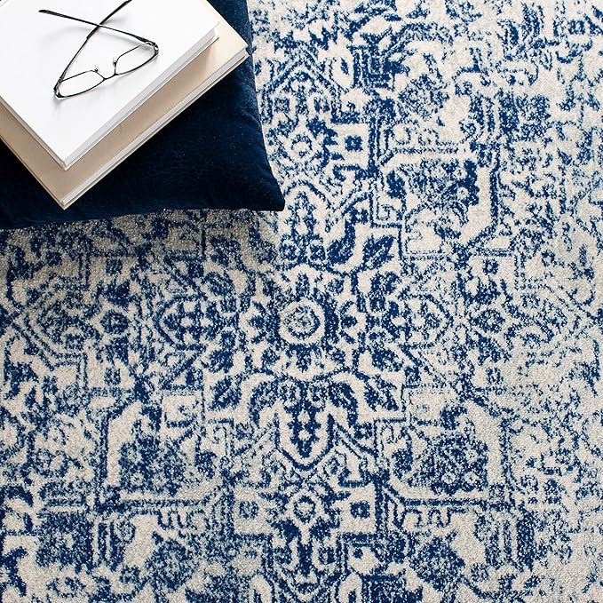 SAFAVIEH Evoke Collection 6'7" x 9' Ivory / Navy EVK256N Oriental Distressed Non-Shedding Living Room Bedroom Dining Home Office Area Rug