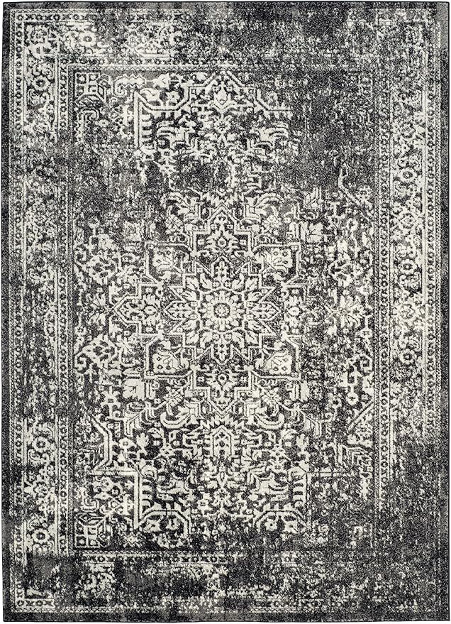 SAFAVIEH Evoke Collection Area Rug - 6'7" x 9', Black & Grey, Distressed Design, Non-Shedding & Easy to Clean, Ideal for Living Room, Bedroom, Dining Space (EVK256R)