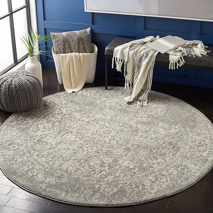 SAFAVIEH Evoke Collection Area Rug - 5'3" Round, Silver & Ivory, Distressed Design, Non-Shedding & Easy to Clean, Ideal for Living Room, Bedroom, Dining Space (EVK256S)