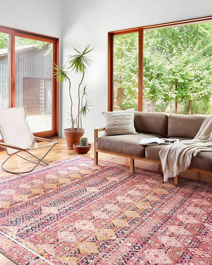 Loloi Layla Collection LAY-15 Magenta/Multi 7'-6" x 9'-6" .13" Thick Area Rug, Soft, Durable, Vintage Inspired, Distressed, Low Pile, Non-Shedding, Easy Clean, Printed, Living Room Rug