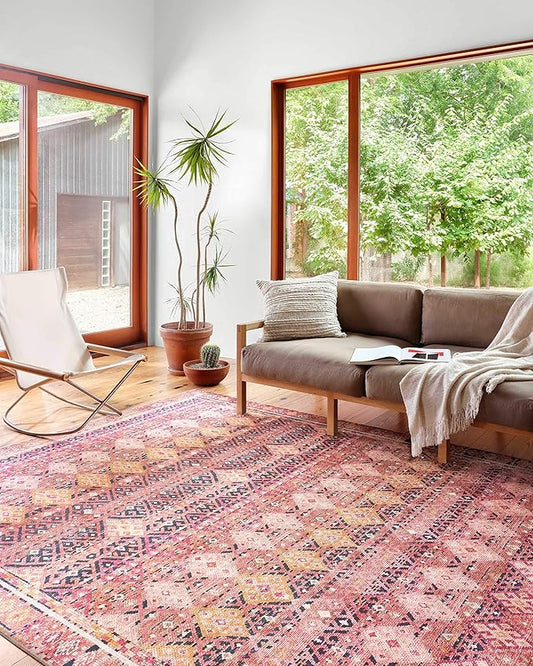 Loloi Layla Collection LAY-15 Magenta/Multi 7'-6" x 9'-6" .13" Thick Area Rug, Soft, Durable, Vintage Inspired, Distressed, Low Pile, Non-Shedding, Easy Clean, Printed, Living Room Rug