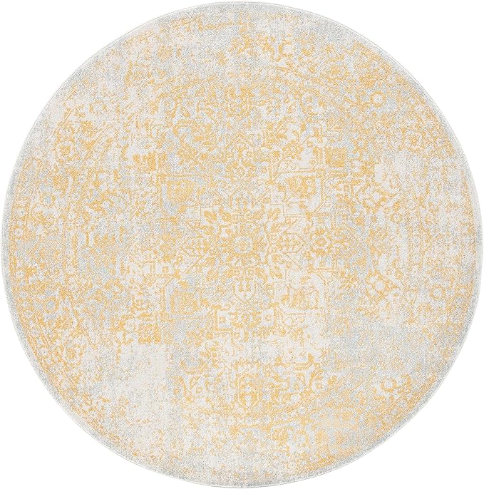 SAFAVIEH Evoke Collection Area Rug - 8' Round, Ivory & Gold, Distressed Design, Non-Shedding & Easy to Clean, Ideal for Living Room, Bedroom, Dining Space (EVK256B)