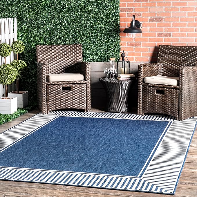nuLOOM 10' x 13' Outdoor Area Rug, Casual Design with Striped Border, Stain Resistant, Highly Durable, for Patio, Balcony, Bedroom, Living Room, Dining Room, Bathroom, Navy