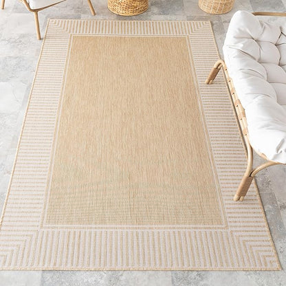 nuLOOM 5x8 Outdoor/Indoor Asha Area Rug, Tan, Casual Design with Striped Border, Stain Resistant, Highly Durable, for Patio, Balcony, Bedroom, Living Room, Dining Room, Bathroom