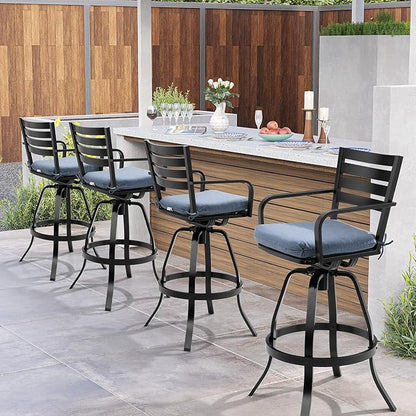 Pellebant Outdoor Bar Stools Set of 4 with Sunbrella Cushion, 29.5" Aluminum Swivel Bar Height Stool Chairs with Back & Footrest, Rust-Proof Patio Bartools for Deck Lawn Garden, Spectrum Denim