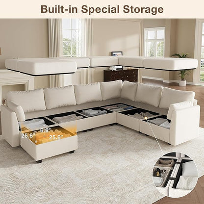 Modular Sectional Sofa Couches, Large Convertible Modular Couches with Storage, 7-Seater Sectional Sofa for Living Room, U Shaped Sectional Couch Sleeper Sofa with Chaise (Beige, 7 Seats)