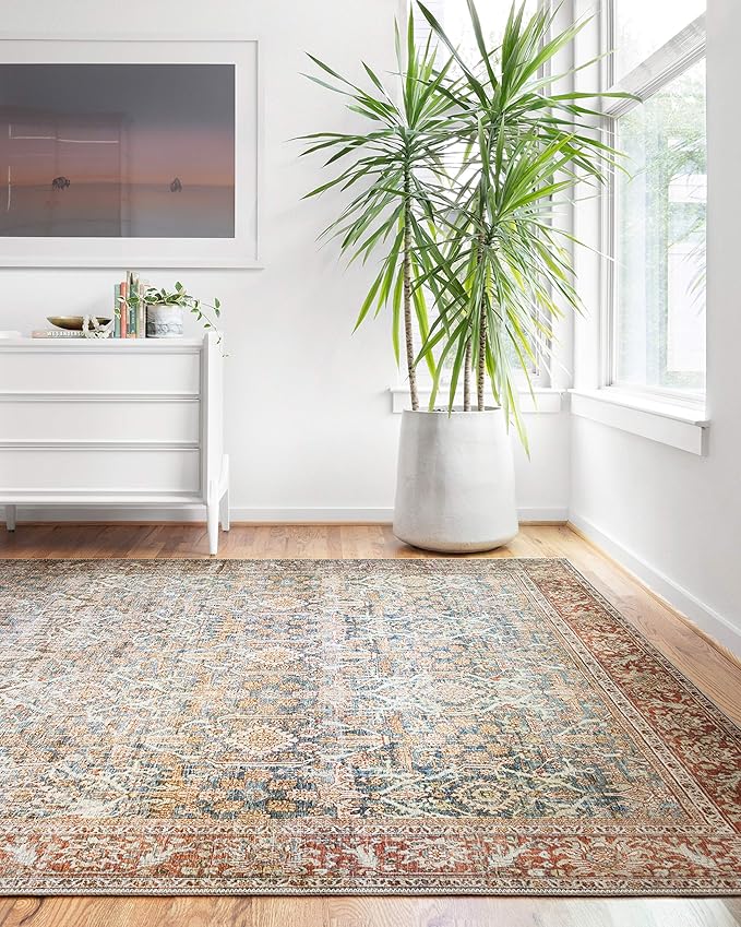 Loloi Layla Collection LAY-04 Ocean/Rust 7'-6" x 9'-6" .13" Thick Area Rug, Soft, Durable, Vintage Inspired, Distressed, Low Pile, Non-Shedding, Easy Clean, Printed, Living Room Rug