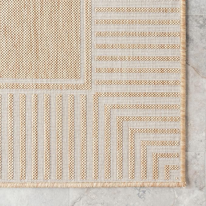 nuLOOM 4x6 Outdoor/Indoor Asha Area Rug, Tan, Casual Design with Striped Border, Stain Resistant, Highly Durable, for Patio, Balcony, Bedroom, Living Room, Dining Room, Bathroom