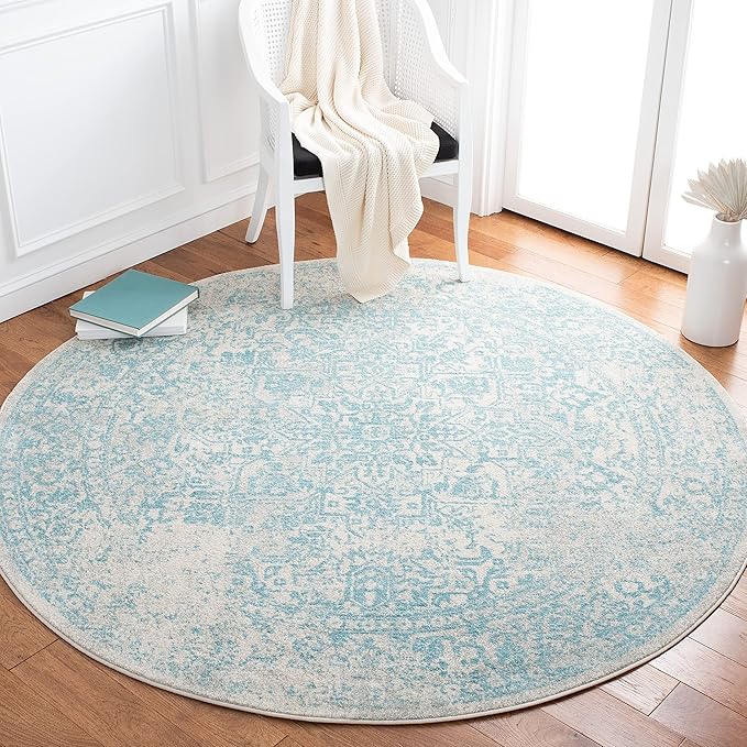 SAFAVIEH Evoke Collection Area Rug - 5'3" Round, Ivory & Aqua, Distressed Design, Non-Shedding & Easy to Clean, Ideal for Living Room, Bedroom, Dining Space (EVK256J)