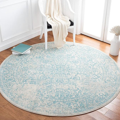 SAFAVIEH Evoke Collection Area Rug - 5'3" Round, Ivory & Aqua, Distressed Design, Non-Shedding & Easy to Clean, Ideal for Living Room, Bedroom, Dining Space (EVK256J)