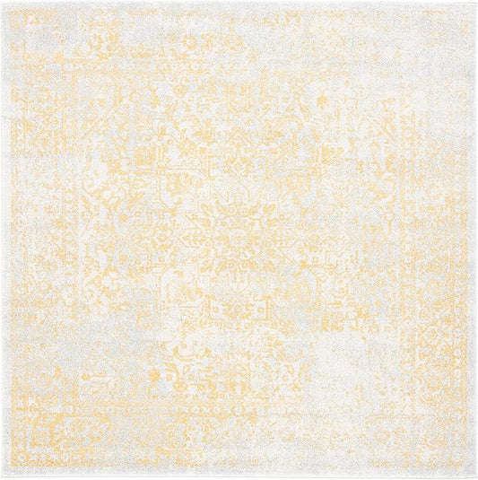 SAFAVIEH Evoke Collection Area Rug - 8' Square, Ivory & Gold, Distressed Design, Non-Shedding & Easy to Clean, Ideal for Living Room, Bedroom, Dining Space (EVK256B)