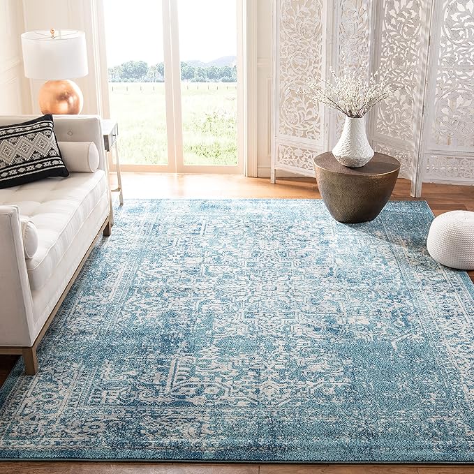 SAFAVIEH Evoke Collection 9' x 12' Blue/Ivory EVK256C Oriental Distressed Non-Shedding Living Room Bedroom Dining Home Office Area Rug