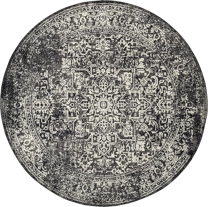 SAFAVIEH Evoke Collection Area Rug - 6'7" Round, Black & Grey, Distressed Design, Non-Shedding & Easy to Clean, Ideal for Living Room, Bedroom, Dining Space (EVK256R)
