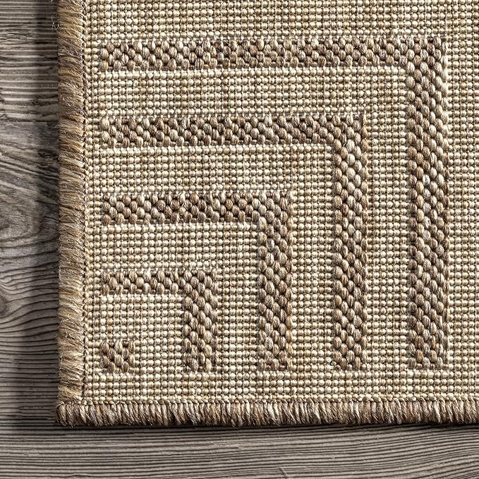 nuLOOM 6' 7" x 9' Outdoor Area Rug, Casual Design With Striped Border, Stain Resistant, Highly Durable, For Patio, Balcony, Bedroom, Living Room, Dining Room, Bathroom, Light Brown