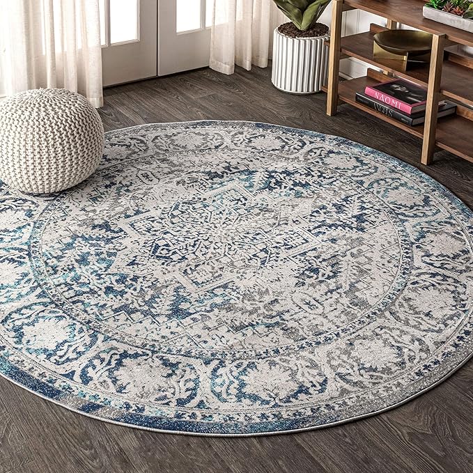 JONATHAN Y Modern Vintage Medallion Navy/Light Gray 9' Round Indoor Area Rug, Country, Floral, Easy-Cleaning for Living Room, Bedroom, Kitchen, Pet Friendly, Non-Shedding (MDP100B-9R)