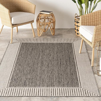 nuLOOM 9'6" x 12' Outdoor Area Rug, Casual Design with Striped Border, Stain Resistant, Highly Durable, for Patio, Balcony, Bedroom, Living Room, Dining Room, Bathroom, Steel