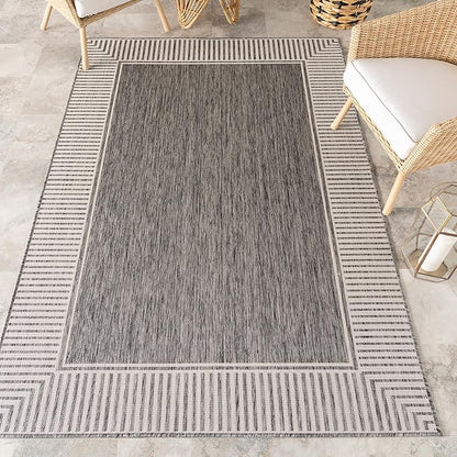 nuLOOM 6' 7" x 9' Outdoor Area Rug, Casual Design with Striped Border, Stain Resistant, Highly Durable, for Patio, Balcony, Bedroom, Living Room, Dining Room, Bathroom, Steel