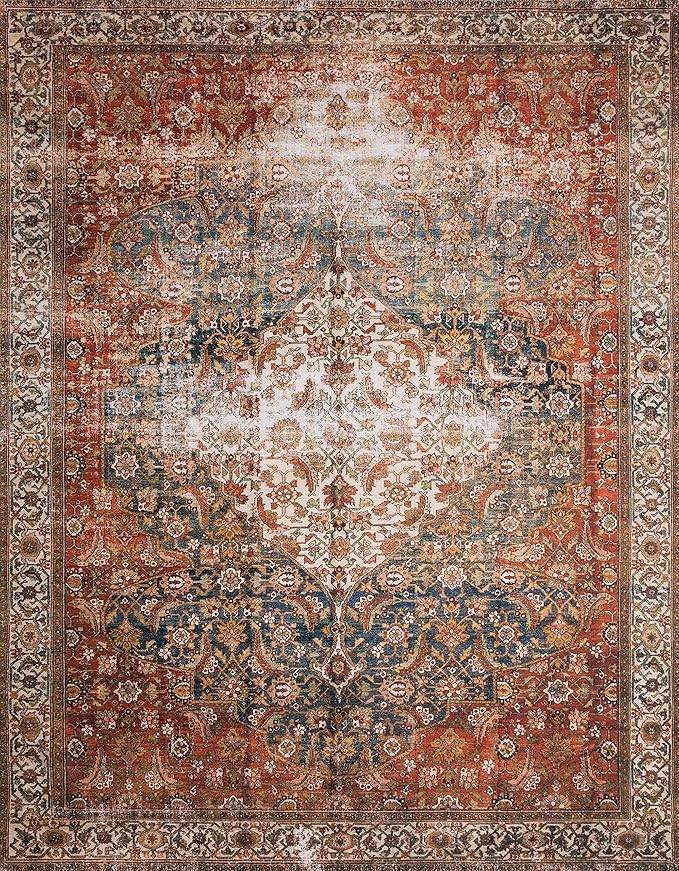 Loloi Layla Collection LAY-05 Ocean/Multi 5'-0" x 7'-6" .13" Thick Area Rug, Soft, Durable, Vintage Inspired, Distressed, Low Pile, Non-Shedding, Easy Clean, Printed, Living Room Rug