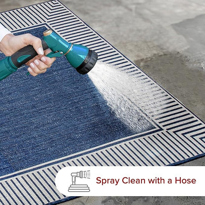 nuLOOM 10' x 13' Outdoor Area Rug, Casual Design with Striped Border, Stain Resistant, Highly Durable, for Patio, Balcony, Bedroom, Living Room, Dining Room, Bathroom, Navy