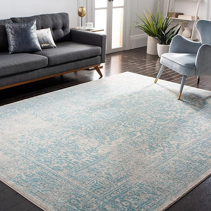 SAFAVIEH Evoke Collection Area Rug - 6'7" Square, Ivory & Aqua, Distressed Design, Non-Shedding & Easy to Clean, Ideal for Living Room, Bedroom, Dining Space (EVK256J)