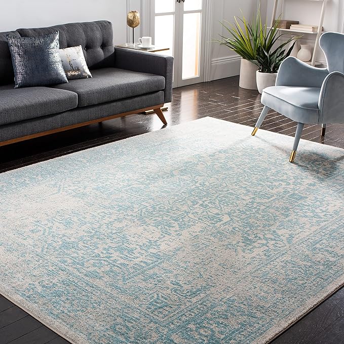 SAFAVIEH Evoke Collection 8' x 10' Ivory / Aqua EVK256J Oriental Distressed Non-Shedding Living Room Bedroom Dining Home Office Area Rug