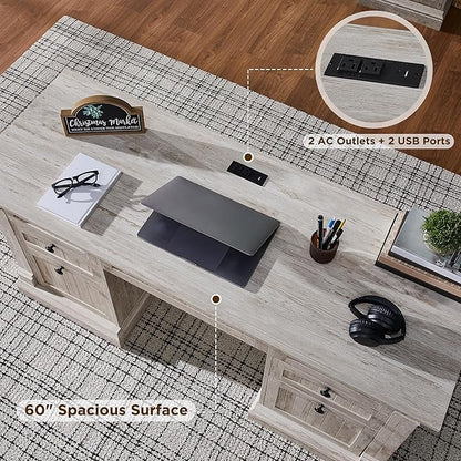 OKD 60" Executive Desk with Drawers, Farmhouse Home Office Desk with Charging Station, Keyboard Tray, File Cabinet Storage, Wood Computer Desk for Work and Study, Antique Brushed White