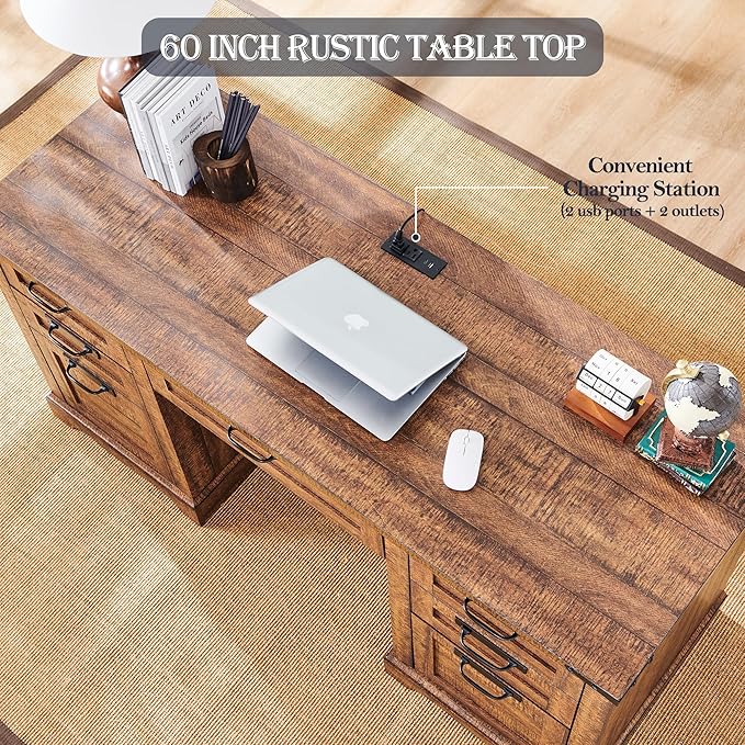 RedLemon 60" Farmhouse Executive Desk with Drawers, Wood Home Office Desk w/Charging Station, Keyboard Tray, File Drawer, Storage Cabinet, Rustic Computer Writing Desk (Reclaimed Barnwood)