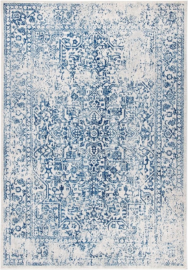 SAFAVIEH Evoke Collection 8' x 10' Ivory / Navy EVK256N Oriental Distressed Non-Shedding Living Room Bedroom Dining Home Office Area Rug