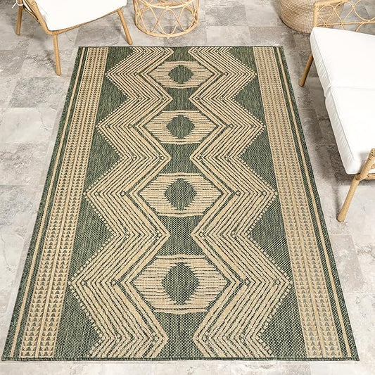 nuLOOM 8' x 10' Outdoor Tribal Geometric Area Rug, Stain Resistant, Weather Resistant, High Traffic, Patio, Balcony, Outside, Ranya Green