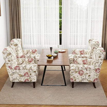 Accent Chair, Upholstered High Back Floral Armchair with Nailhead Trim & Wood Legs, Comfy Wingback Reading Single Sofa Chair for Small Spaces, Living Room, Bedroom-Pink Floral, Set of 1