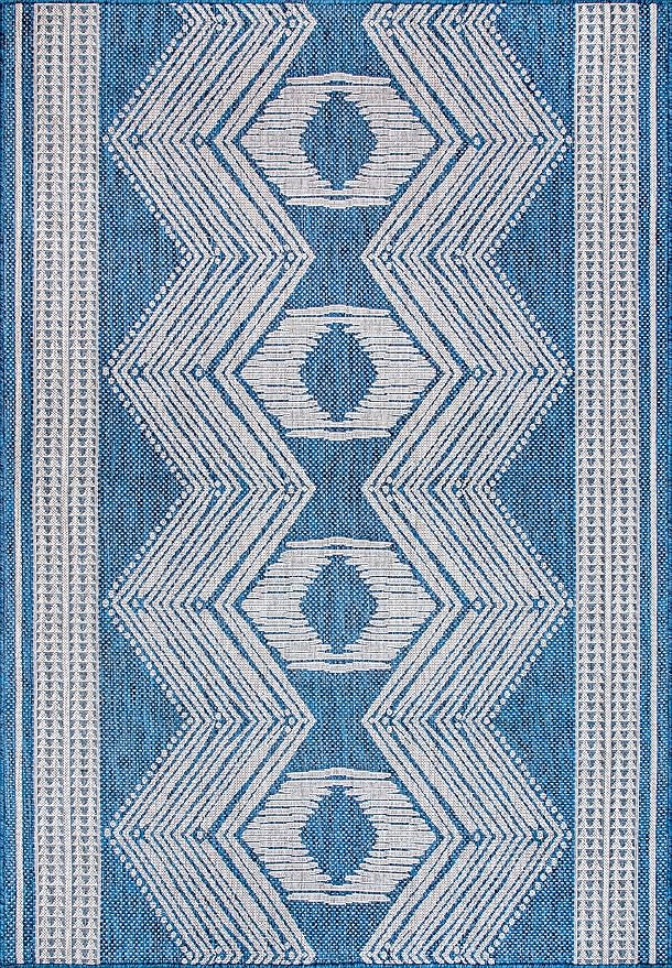 nuLOOM 8' x 10' Outdoor Tribal Geometric Area Rug, Stain Resistant, Weather Resistant, High Traffic, Patio, Balcony, Outside, Ranya Blue