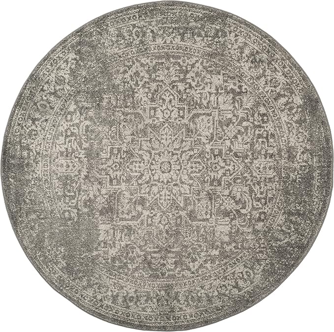 SAFAVIEH Evoke Collection Area Rug - 3' Round, Silver & Ivory, Distressed Design, Non-Shedding & Easy to Clean, Ideal for Foyer, Bedroom, Accent Space (EVK256S)