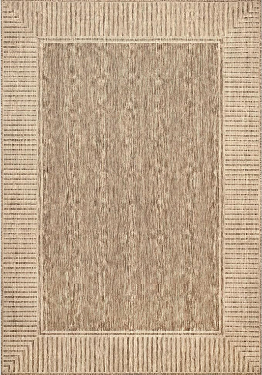 nuLOOM 4' x 6' Outdoor Area Rug, Casual Design With Striped Border, Stain Resistant, Highly Durable, For Patio, Balcony, Bedroom, Living Room, Dining Room, Bathroom, Light Brown