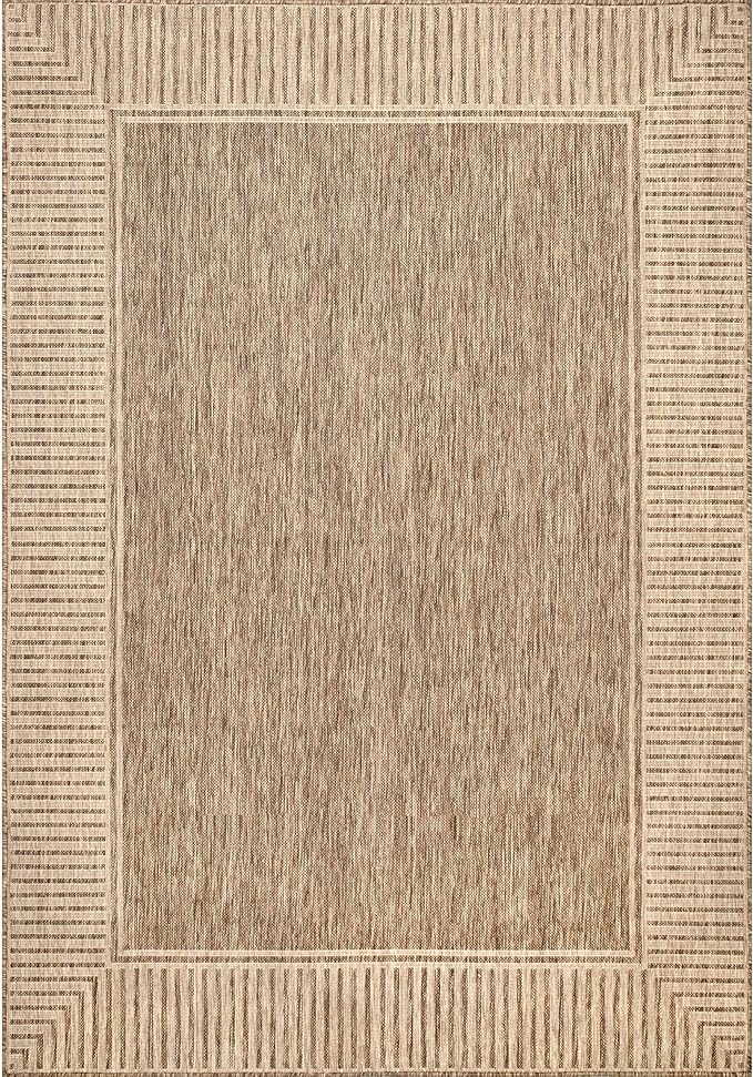 nuLOOM 5' x 8' Outdoor Area Rug, Casual Design With Striped Border, Stain Resistant, Highly Durable, For Patio, Balcony, Bedroom, Living Room, Dining Room, Bathroom, Light Brown