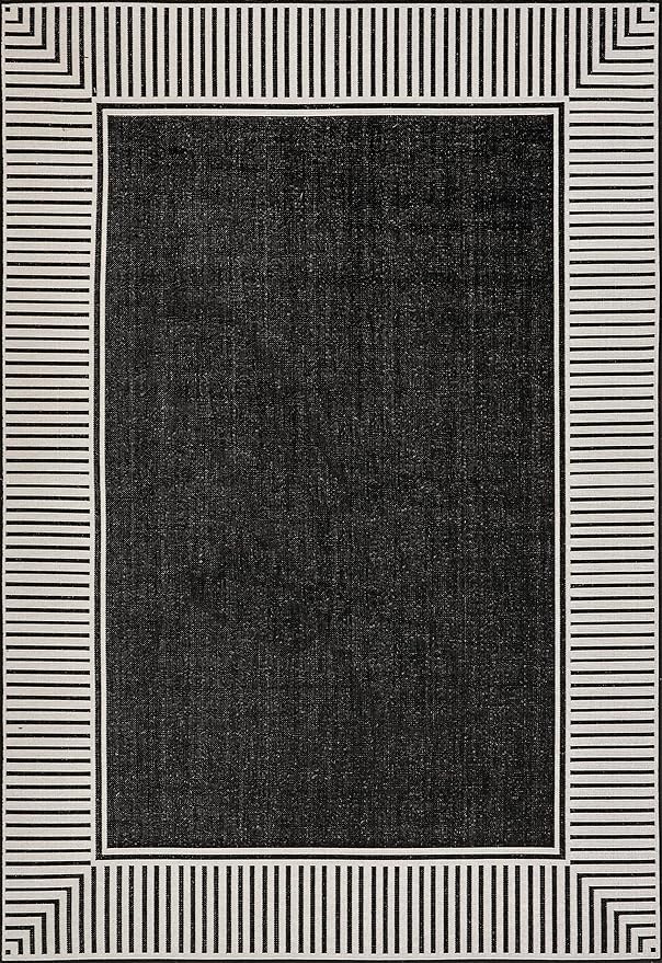 nuLOOM 8' x 10' Outdoor Area Rug, Casual Design With Striped Border, Stain Resistant, Highly Durable, For Patio, Balcony, Bedroom, Living Room, Dining Room, Bathroom, Black