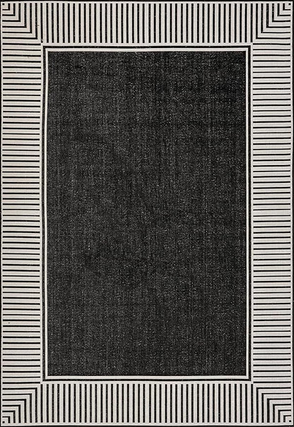 nuLOOM 4' x 6' Outdoor Area Rug, Casual Design With Striped Border, Stain Resistant, Highly Durable, For Patio, Balcony, Bedroom, Living Room, Dining Room, Bathroom, Black