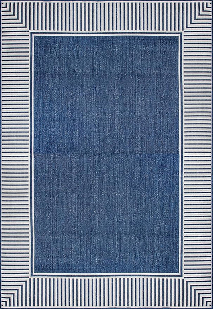 nuLOOM 2' x 3' Outdoor Area Rug, Casual Design With Striped Border, Stain Resistant, Highly Durable, For Patio, Balcony, Bedroom, Living Room, Dining Room, Bathroom, Navy