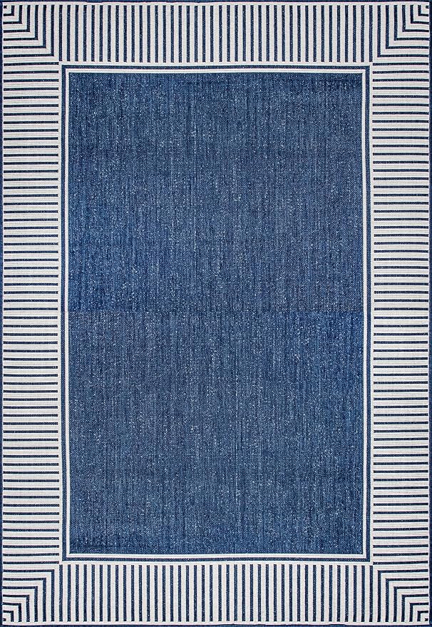 nuLOOM 7' Square Outdoor Area Rug, Casual Design with Striped Border, Stain Resistant, Highly Durable, for Patio, Balcony, Bedroom, Living Room, Dining Room, Bathroom, Navy