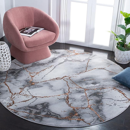 SAFAVIEH Craft Collection Area Rug - 6'7" Round, Grey & Orange, Modern Abstract Marble Pattern Design, Non-Shedding & Easy Care, Ideal for High Traffic Areas in Living Room, Bedroom (CFT877P)