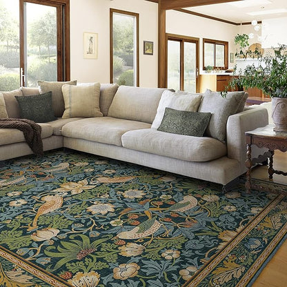 RUGGABLE x Morris & Co Washable Area Rug– Strawberry Thief Indigo 9x12, Stain-Resistant, Non-Slip – Large Machine Washable Rugs for Living Room, Bedroom, Hallway, Entryway & Office–with Cushioned Pad