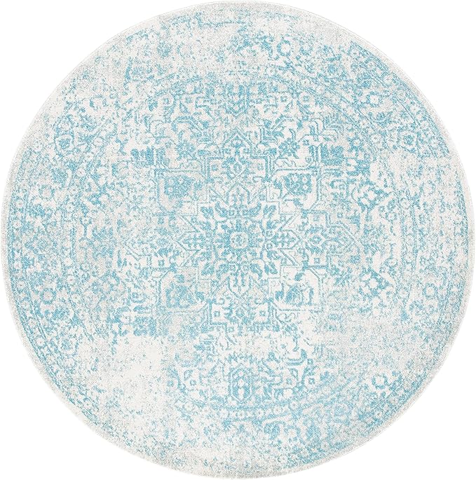 SAFAVIEH Evoke Collection Area Rug - 5'3" Round, Ivory & Aqua, Distressed Design, Non-Shedding & Easy to Clean, Ideal for Living Room, Bedroom, Dining Space (EVK256J)