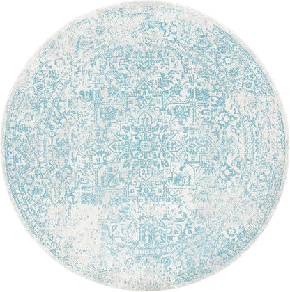 SAFAVIEH Evoke Collection Area Rug - 5'3" Round, Ivory & Aqua, Distressed Design, Non-Shedding & Easy to Clean, Ideal for Living Room, Bedroom, Dining Space (EVK256J)